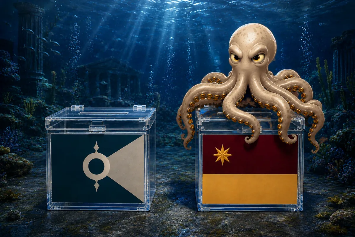 Illustration of Paul the octopus resting on one of two clear boxes, each with a flag, on the sea floor
